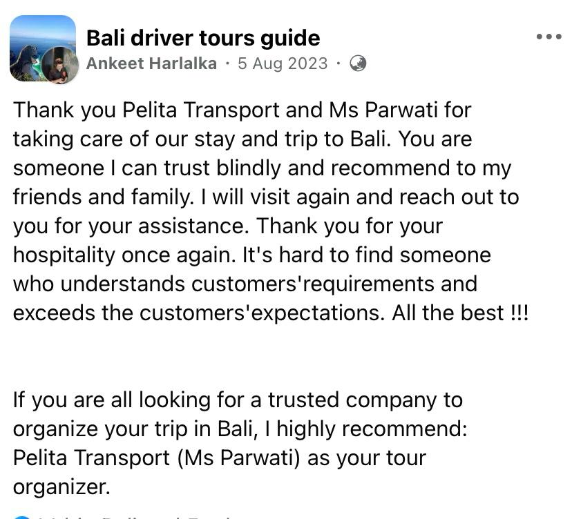 Pelita Tour Bali customer review and Bali travel experience proof