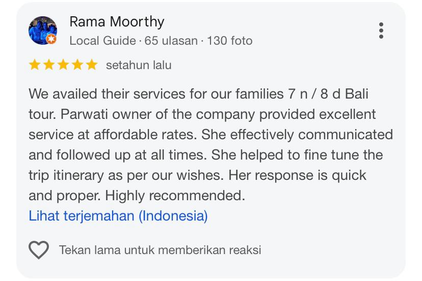 Google review for Pelita Tour Bali private driver service