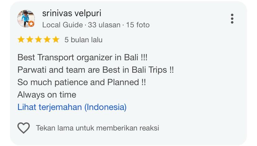 Traveler feedback for Bali transport and tour organizer