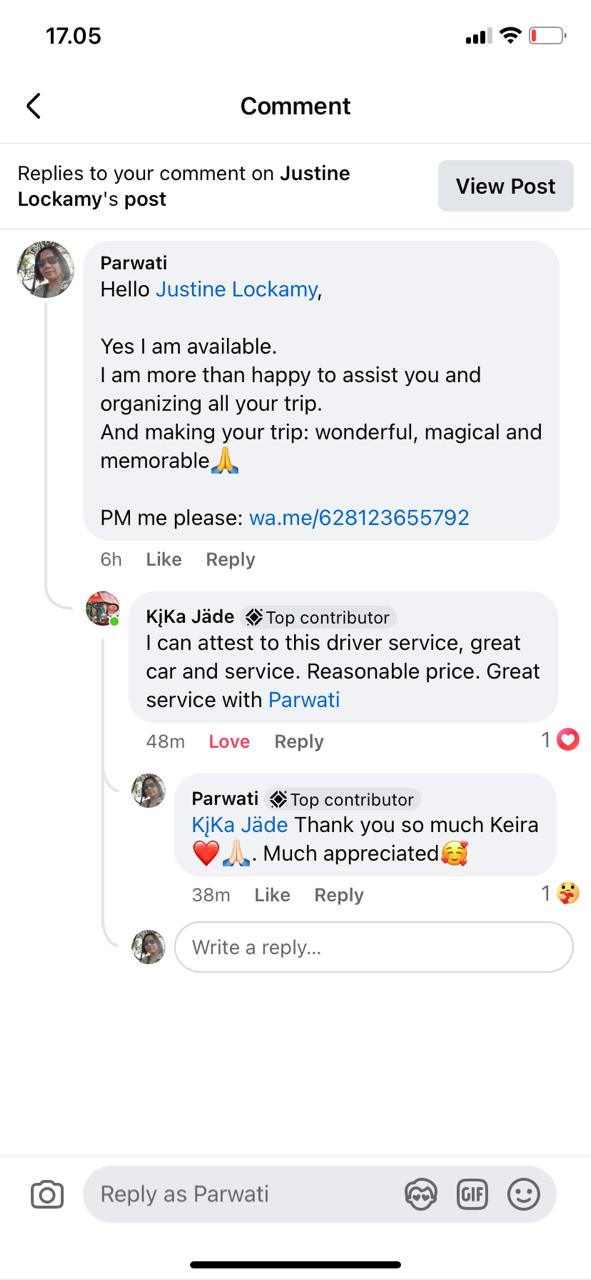 Customer testimonial for Bali driver and tour services