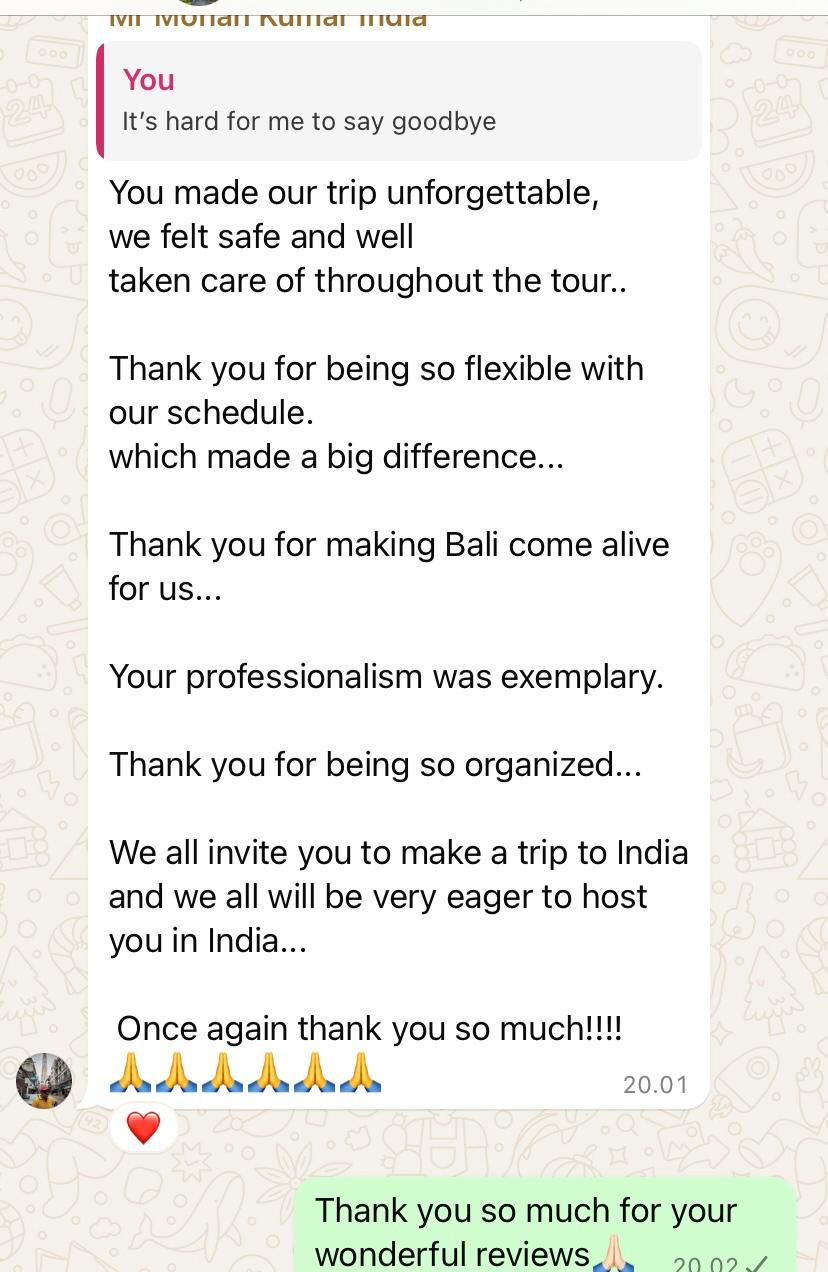 Heartfelt traveler thank you message after Bali trip
